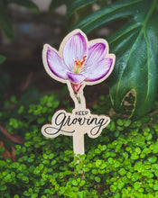 Load image into Gallery viewer, Keep Glowing! Wooden tag with Blooming Flower - Plant Tag with a Greeting Text - Plant Marker, Flower Stick, Garden stakes, Garden label
